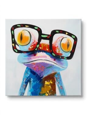 2/$65 ✨ Colorful Frog Canvas Painting w Glasses Hand Painted Oil Art 40x40cm